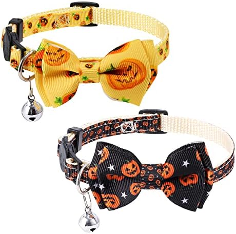 AIEX 2 pack Halloween Cat Collar Breakaway, Adjustable Cat Collar with Bell Pumpkin Halloween Cat Collar Bow Tie Kitten Decoration Accessories