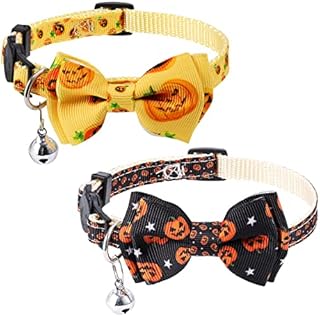 AIEX 2 pack Halloween Cat Collar Breakaway, Adjustable Cat Collar with Bell Pumpkin Halloween Cat Collar Bow Tie Kitten Decoration Accessories
