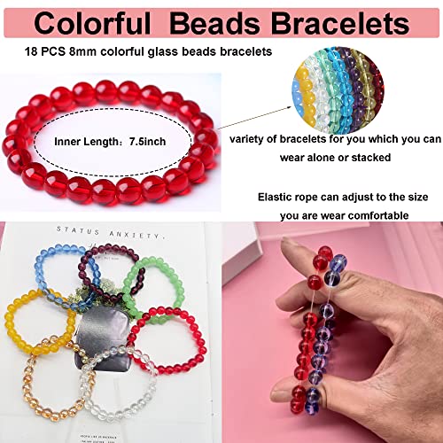 CASDAN 21Pcs 8mm Beaded Stretch Bracelet Handmade Glass Bracelet for Women Men Colorful Crystal Beads Bracelet Elastic Round Bead Bracelets Jewelry4