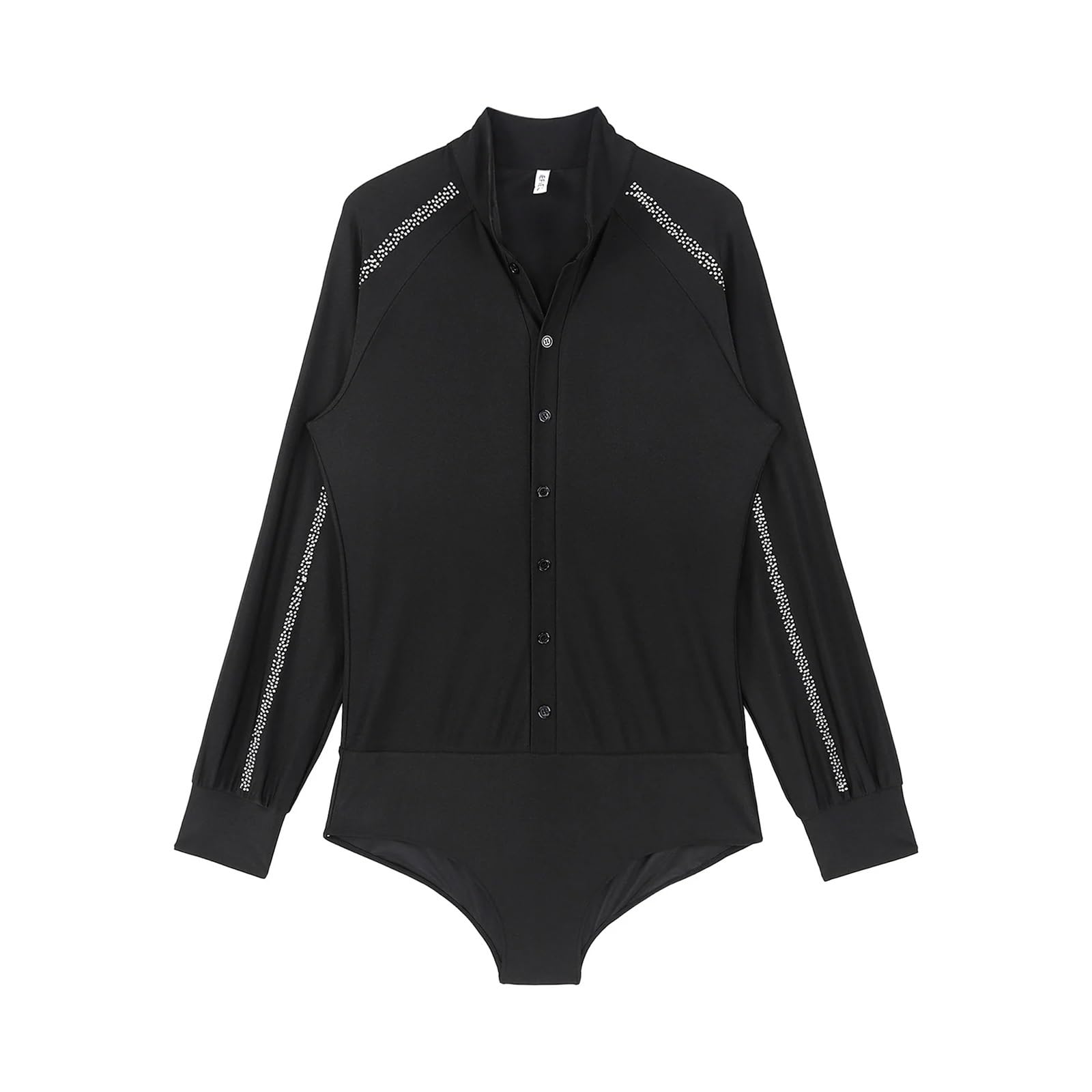 Maillot de Danza para Hombres Traje de competición de Ballet Latino for Hombre, Manga raglán, Cuello Alto, Botones y Brillantes Diamantes de imitación(Black,L)