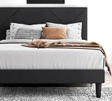 IMusee Full Size Bed Frame with Geometric Headboard, Linen Upholstered Platform Bed with Under-Bed Storage Space, Mattress Foundation with Wooden Slats, Easy Assembly, Box Spring Optional, Grey