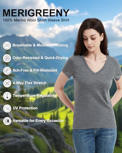 Women's 100% Merino Wool T-Shirt, Breathable Base Layer Tops for Women, Moisture-Wicking Athletic Wool V-Neck Undershirt3