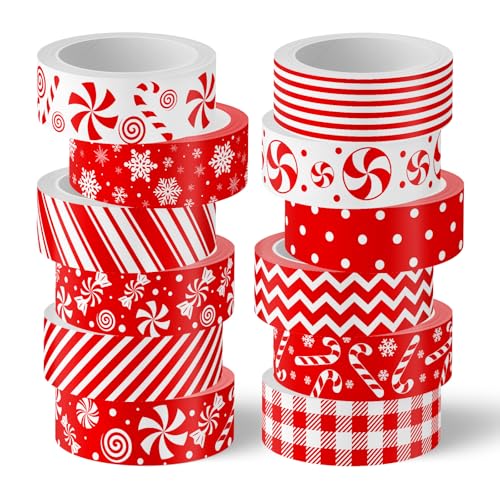 Whaline 12 Rolls Christmas Candy Washi Tape Masking Tape Set Red Peppermint Plaid Stripe Decorative Wrapping Paper Tapes for Xmas Scrapbook Journal DIY Art Crafts
