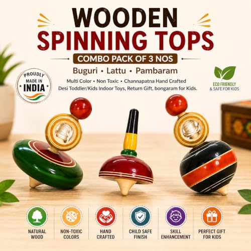 Image of Wooden Spinning Tops Combo Pack of 3 nos (Buguri, Lattu,Pambaram) Multi Color - Non Toxic Channapatna Hand Crafted Desi Toddler /Kids Indoor Toys, Return Gift, bongaram for Kids.