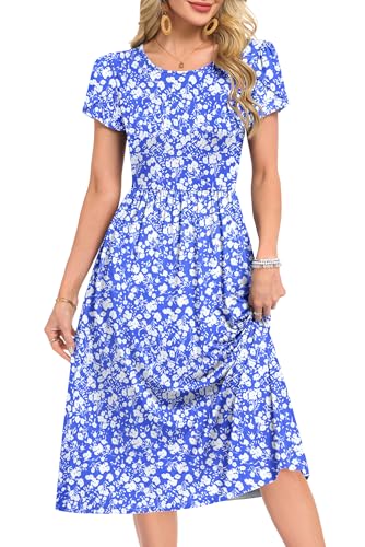 MOLERANI Damen Sommerkleider Knielang Rundhals Blumenmuster Freizeitkleid Elegant Kleider Loose Swing Damenkleid Casual Midikleid mit Taschen Blau Weiß Blumenmuster L 2