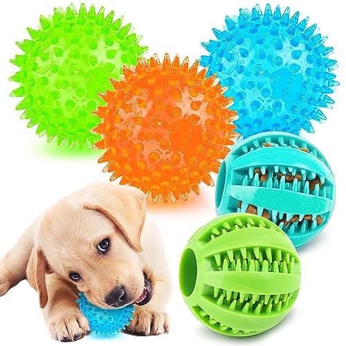 PUPTILY 2 Different Functions Interactive Balls for Dogs 2.5” Squeaky Dog Balls Toys and Puppy Teething Chew Toy Balls for Small Dogs Dog Balls for Clean Teeth and Training （5Pcs）