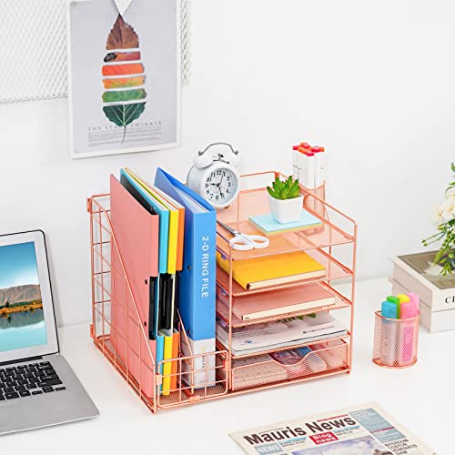 Image of Marbrasse Rose Gold Desk Organizer with File Holder, 5-Tier Paper Letter Tray Organizer and Drawer, Mesh Desktop Storage with Magazine Holder for Office Supplies