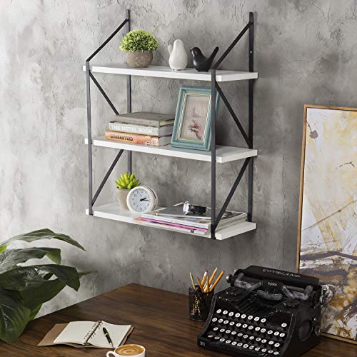 Mygift 3-Tier Farmhouse White Wood Wall Floating Shelves - 23 Inch Wall-Mounted Organization Wooden Shelf Rack With Black Metal Brackets #TOP2