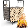 41 Gal (155 L) Upgraded Sturdy Firewood Rack Holder, Thickened Outdoor Indoor Fire Wood Pile Storage Stacker with 6 Hooks, Rustproof Waterproof Log Rack for Fireplace Wood Organizer
