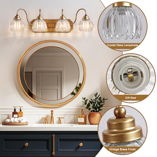 Image of Vintage Gold Bathroom Light Fixtures,4 Light Tulip Crystal