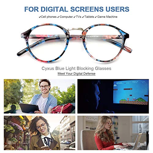 Image of Cyxus Nerd Glasses Round Blue Light Glasses for Woman Reduce Eye Strain UV Blocking for Computer Screen(8065T15 Floral Print)