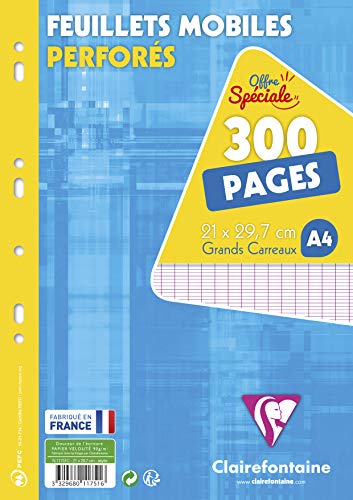 Clairefontaine 11751C Un Paquet de Feuillets Mobiles Perforés sous Film - A4 21x29,7 cm - 300 Pages Grands Carreaux - Papier Blanc 90 g