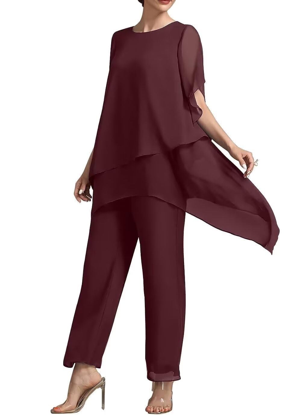 Chiffon Pantsuits for Women with Jacket 2 Pieces Mother of The Bride Pant Suits Formal Evening Dresses Burgundy