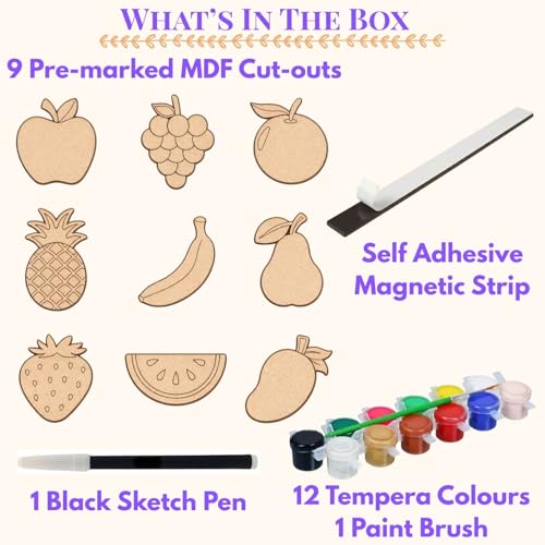 Image of ImagiVibe Paint Your Own Fruits Fridge Magnet Kit for Kids | 9 MDF Cut-Outs DIY Painting Activity with Colours & Brush | Creative Screen-Free Art & Craft Kit | Made in India (Fruits)