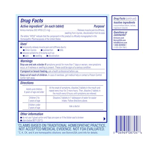 Image of Boiron Arnica 30C Tablets for Pain Relief from Muscle Pain, Joint Soreness, Swelling from Injury or Bruises - 60 Count
