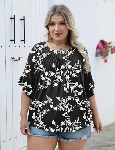 Image of Micoson Womens Plus Size Tops 3 /4 Ruffle Sleeve Crewneck Pleated Shirts