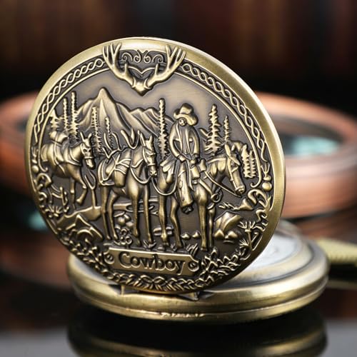 Image of Tiong Vintage Pocket Watch Engraved Cowboy Skull Wolf 3D Pattern Arabic Numerals Quartz Pocket Watch with Chain Best Gifts
