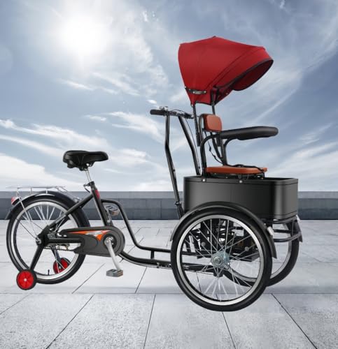 TVT 三輪車 大人 三輪自転車 20インチ 3輪バイ 高齢者用ペダル自転車 人・荷物の運搬 パークライド 高さ調整可能 1人掛け/2人掛けシート付き 取り外し可能な日よけ付き 大きなカゴ付き ショッピング レクリエーション女性 男性 (黒いカーポートシー