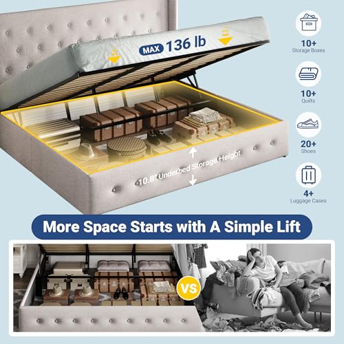 Image of Allewie King Size Lift Up Storage Bed, Button Tufted Headboard with Wingback, Hydraulic Support, No Box Spring Needed, Light Beige
