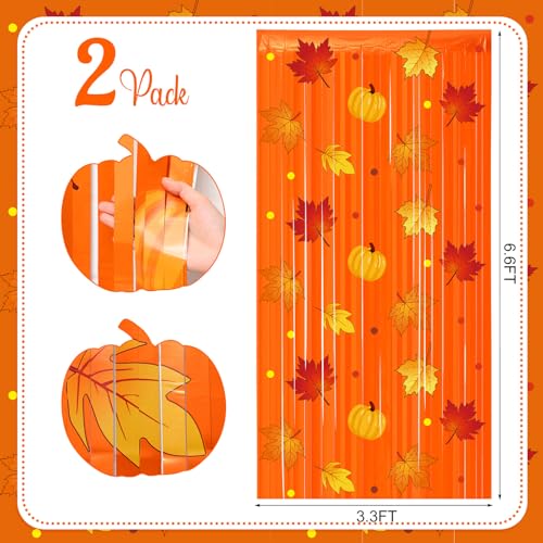 Image of Tiamon Fall Thanksgiving Party Decorations 2 Pack Orange Maple Leaves Pumpkins Pattern Photo Booth Props 3.3 x 6.6 ft Foil Fringe Curtains for Autumn Thanksgiving Birthday Baby Shower Backdrop Decor