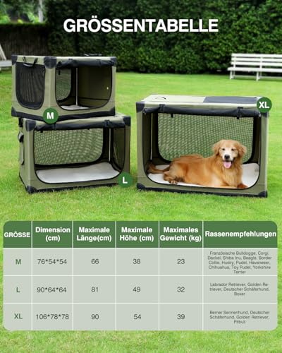 derimkcoa Hundebox faltbar für mittlere Hunde,Hundetransportbox Auto mit verstellbarem Design, reißfesten Netzfenstern & Plüsch-Betteinlage für Zuhause & Reise,76 * 54 * 54cm,Grün