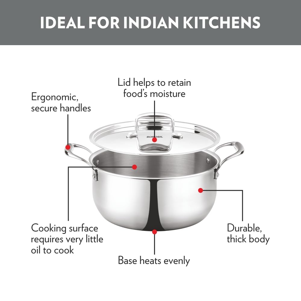 Borosil Cookfresh Tri-ply Casserole Steel Handle | SS304 Food Grade Steel, Dishwasher Safe | Compatible for Gas, Induction, Hot Plate, Halogen | 5 Years Warranty (2.8 L) 2
