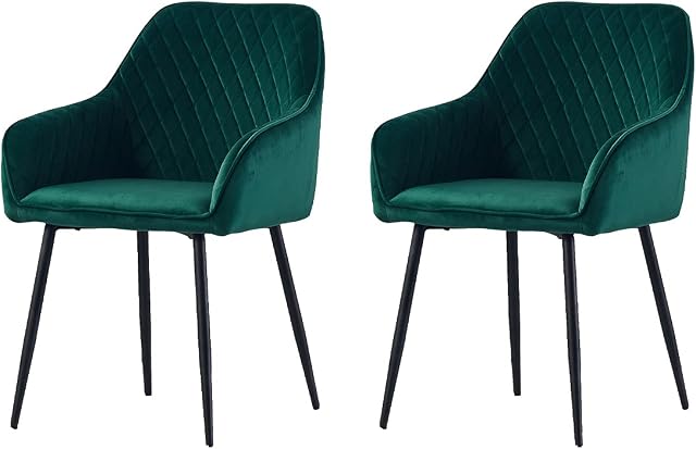 AINPECCA Set of 2 Dining chairs Green Armchairs with Armrest Backrest Upholstered seat with Black Metal legs (Green, 2)