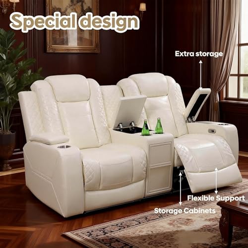 Image of Leather Recliner Loveseat Set, Power Leather Sectional Set with LED Light, Living Room Furniture Sets 2 Seats, Power Reclining Sofa Sets with Storage Console /Cup Holder for Living Room