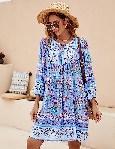 Image of Bluetime Women Casual Summer Dress Boho V Neck 3 /4 Sleeve Babydoll Floral Print Flowy Beach Dress