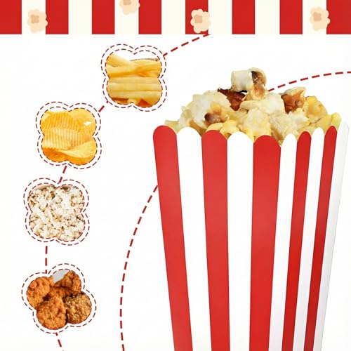 Image of 12 Pcs Paper Popcorn Boxes, Striped Popcorn Bags Decorative Containers Puffed Rice Bowl Buckets for Birthday Party Favor, Movie Nights, Party Favors, and Carnival Themed Events, Red and White