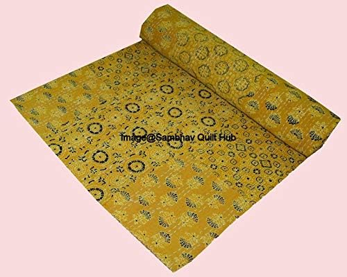 Yellow Path Quilting Hippie Kantha Ajarkh Hippie Handmade Queen Size Kantha Bedspread Ajrakh Reversible Hand Stitched Cotton Kantha Quilts Bohemian Floral Kantha Twin/Queen (60X90 inch)