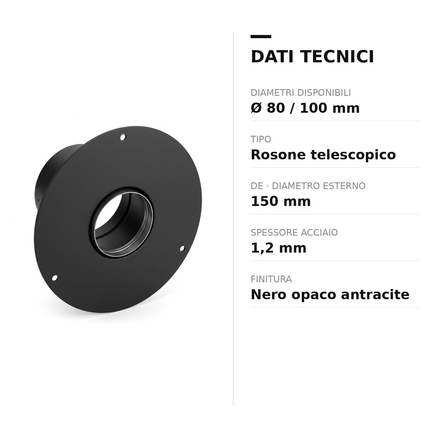MAKA Rosone Telescopico Canna Fumaria Pellet Nero Ø 80 mm