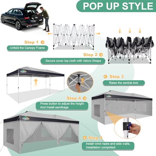Image of COBIZI 10x20 Pop Up Canopy Tent with Sidewall,Outdoor Canopy,Gray