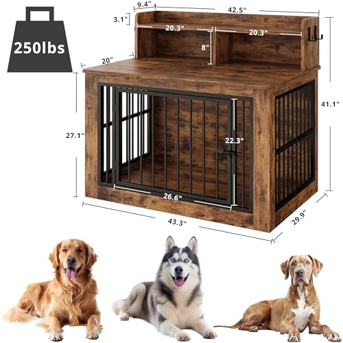 IRONCK Extra Large Dog Crate Furniture, 43.3 inches Wooden Dog Crate with Storage and 4 Hooks, Heavy Duty Pet Crate for Large Dog, Decorative Pet Cage for Indoor (30" L x 43.3" W x 41.1" H) - Image 3