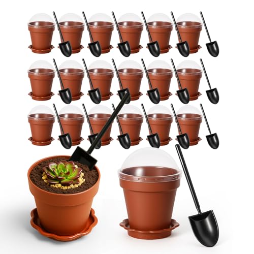 20 Pcs Nursery Pots with Humidity Dome, Flower Pot Dessert Cups with Bring A Plate and Shovel, Planting Cups for Seeds for Indoor Gardening and Plant Propagation