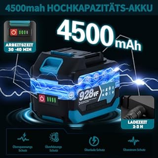 Akku Schneefräse für Makita Akku 18V,1000W Elektrische Schneefräse mit Rollen, Arbeitsbreite 32 cm, max.Schneehöhe 18 cm,Wurfweite 6m,30° Einstellbar (Blau 2 Batterie)