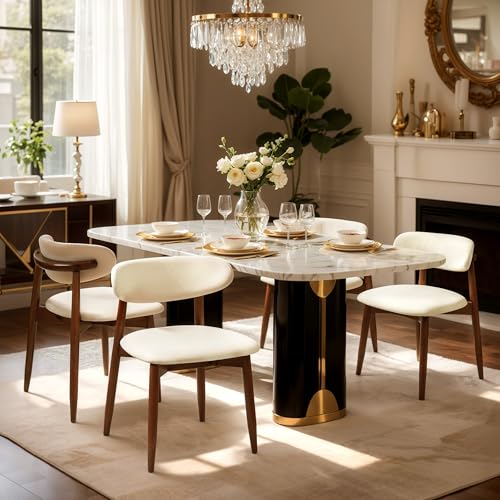 CHUN YI Dining Chair Set of 4, Upholstered Wooden Dining Room Chairs, Mid Century Modern Fabric Kitchen Chair with Ergonomic Curved Backrest, Beige (Only Chairs)