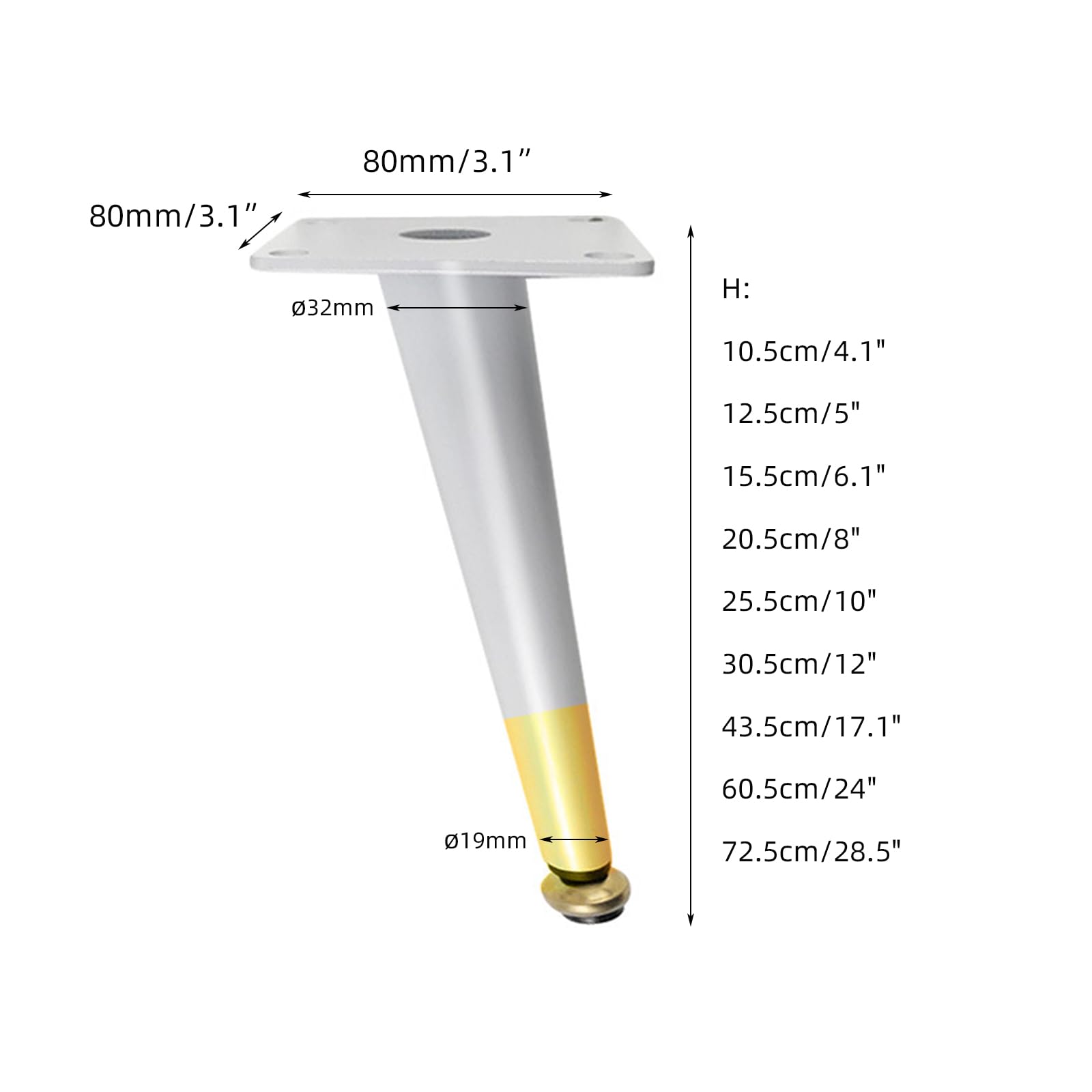 Generico Gambe per Mobili Piedini Regolabili Bianchi 4 Pezzi Vernice Spray in Ferro Bianco E Oro Altezza: 10,5-72,5 cm Piedini per Mobile 43,5 cm/17,1"