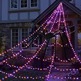 Halloween Spider Web Lights Decoration 455 LED Spider Webs Halloween Decorations Outdoor with 59" Large Spider & 3.53 oz Stretch Cobweb 16.4 Ft Light Up Giant Spider Web (Purple & Orange)