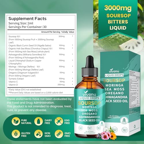 Image of 3000mg Soursop Bitters Liquid Drops, 10-in-1 Soursop Drops with Ashwagandha, Black Seed Oil, Moringa, See Moss for Natural Antioxidant, Cell Support & Regeneration, Immune Boost, Rich in Vitamin D& C