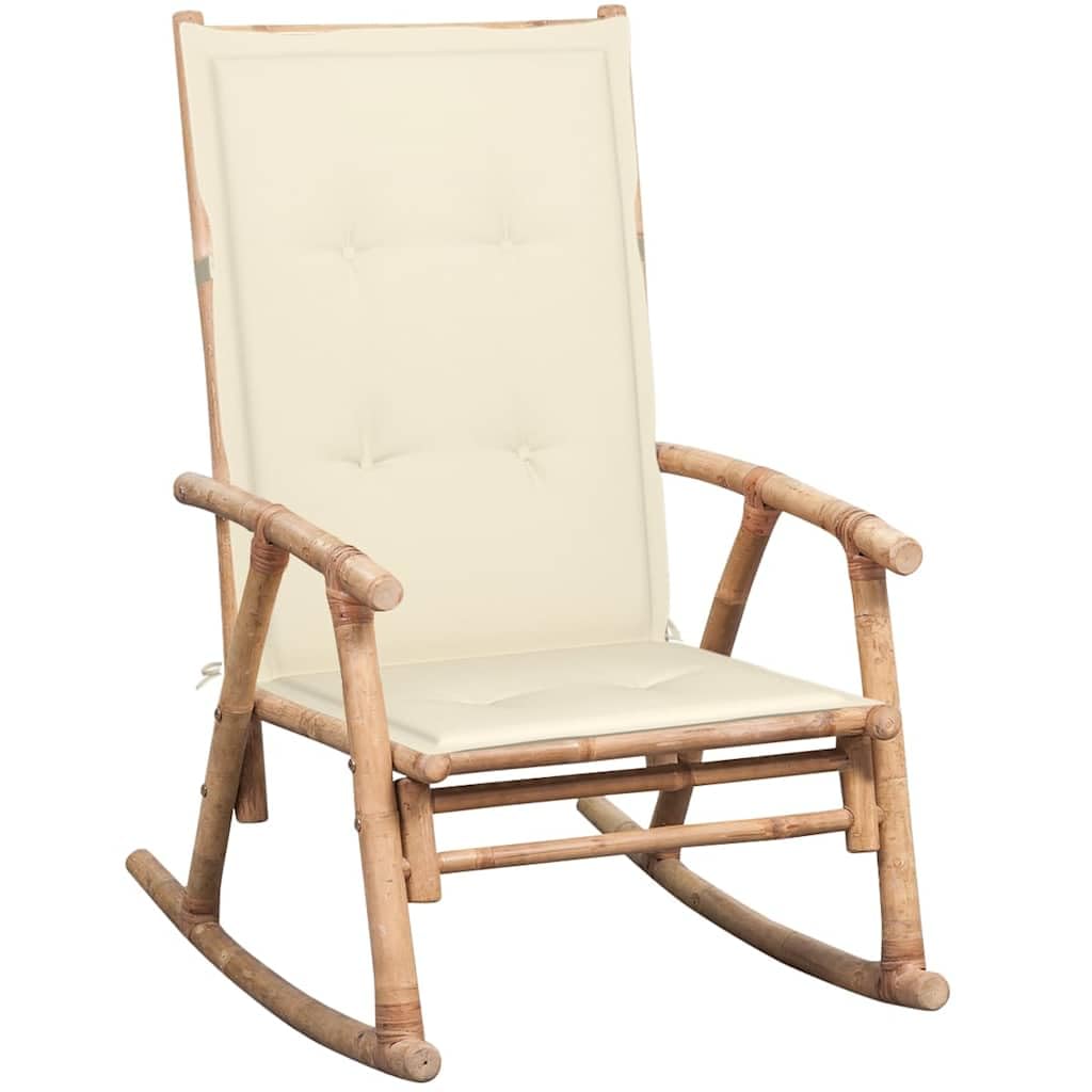 Silla mecedora de bambú para jardín y terraza, resistente a los rayos UV y a la intemperie, con cojín de poliéster impermeable, resistente y duradero hasta 110 kg