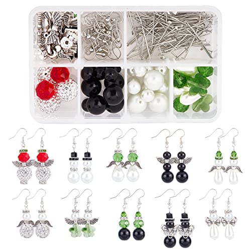 SUNNYCLUE 1 Box DIY 10 works Christmas Themed Handcraft Snowman Earrings Making Kit Angel Wing Beads for jewellery Making Czech Faceted Glass Bead Flower Shaped Glass Flower Bead Caps Adult Women
