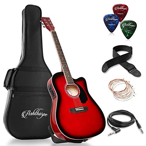 red bass guitar - Ashthorpe Full-Size Cutaway Thinline Acoustic-Electric Guitar Package - Premium Tonewoods - Red