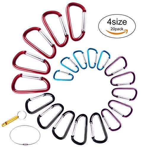 Carabiner Clip Aluminum D-Ring Spring Loaded Gate Small Keychain Carabiner Clip Set for Outdoor Camping 4 Different Sizes Assorted Colors Pack of 20