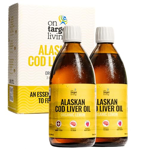 On Target Living Alaskan Cod Liver Oil Organic Lemon Flavor 16.67 oz (2-Pack) | Line Caught in The USA | Naturally Occurring Vitamin D | Rich in Omega 3 DHA/EPA | Non-GMO Project Certified
