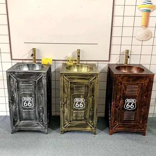 Lavabo de estilo industrial retro en hierro con gabinete de almacenamiento de dos niveles, color rojo cobre, sin espejo miniatura 4