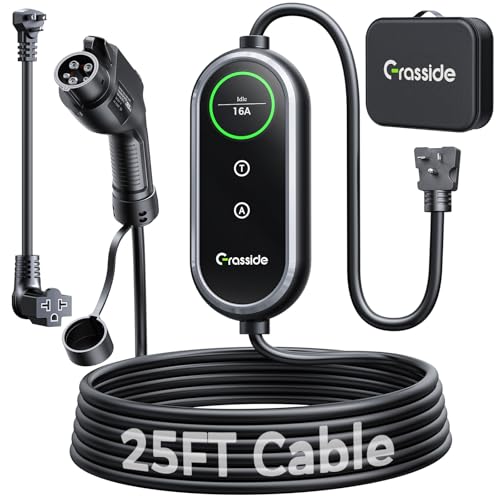 2026 New Grasside Level 1&2 EV Charger 8-16Amp Adjustable Current & Timer 25FT EV Charging Cord Portable electric car charger NEMA 5-15 & 6-20P J1772 Charging Cable/Station for All J1772 EV/PHEVs