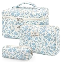YMIFEEY 3 Stück Kosmetiktasche Kulturtasche Damen Kulturbeutel Make Up Tasche Groß Klein Set, Schminktasche Makeup Bag Waschtasche Reise Cosmetic Bag Beauty Case Organizer für Frauen (Blau Weiß)