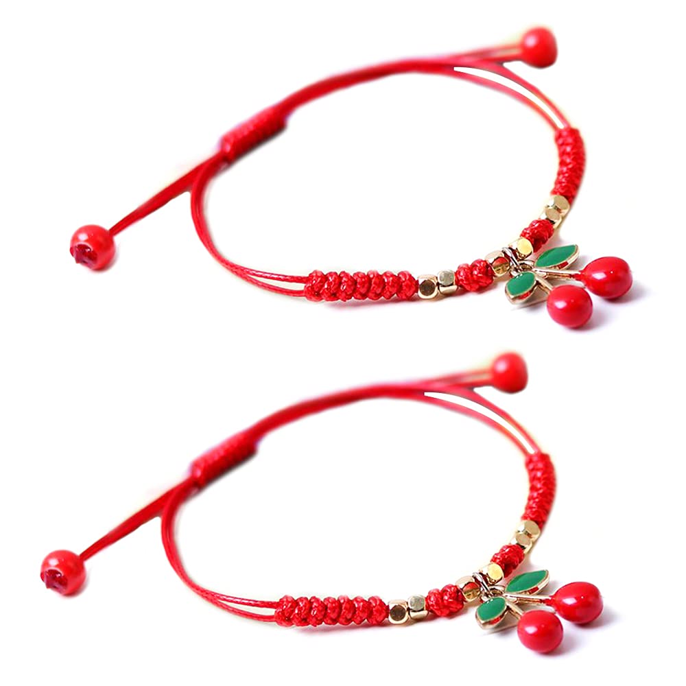 HUJUONHUJUON 2Pcs Summer Fruit Strawberry Cherry Bracelets Sets,Handmade Weave Red Rope Adjustable Bracelet Protection Jewelry for Couple Best Friends