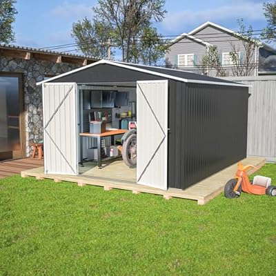 YOPTO 10x12 FT Outdoor Storage Shed,Utility Metal Tool Storage with Lockable Doors and Waterproof Roof, Large Garden Shed for Backyard, Patio Lawn, Black